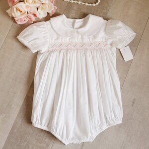 Smocked White Bubble Romper With Pink Hand Embroidery Boutique Crocheted Trim
